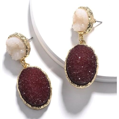 Fashion Simple Unique Oval Resin Stone Dangle Earrings Bohemia 2019 New Gold Round Quartz Stone Long Earring For Women Party