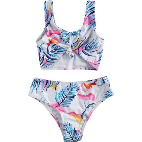 2 Pcs Girl Fashionable Leaves Swimsuit Bikini Set, Plant Print Round Neck Sleeveless Short Camisole, Elastic Slim Panties 6-13Y