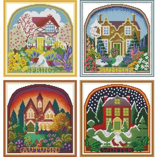 Four Seasons Hut Series DMC Counted Printed Canvas Cross Stitch Kits Crafts Embroidery Set Needlework Cross-stitching