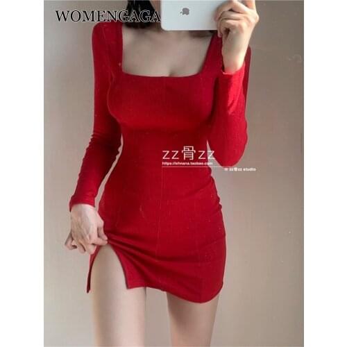 WOMENGAGA 2021 New Red Sexy Square Neck Split Slim Temperament Super Hot Solid Basic Big Buttock Long Sleeve Dress Dresses QE8