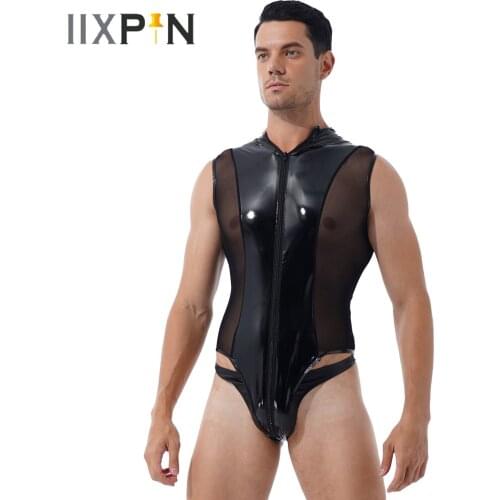 Sexy Mens High Cut Thongs Bodysuit Shiny Metallic Patent Leather Double Zipper Splice Clubwear Sexy Sheer Mesh Leotard Teddies