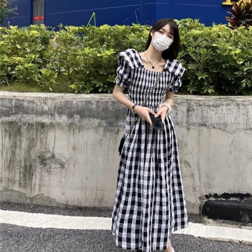 Maxi Dresses for Women Puff Sleeve Vintage Style Summer Plaid Square Collar A-line Long Dress New Female Clothes Fashion