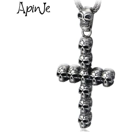 Apinje Thai Silver Skull Pendant Vintage 925 Sterling Silver Necklaces Pendant Men And Women Cross Punk Gothic Jewelry