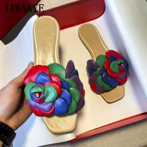 Real Leather Petal Flower Flat Sllipper Women Shoes Summer Sexy Square Open Toe Beach Slides Outdoor Dress Flipflops for Girls