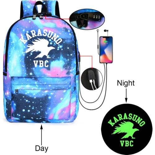 Haikyuu Karasuno VBC Luminous Backpack USB Charge Teenagers School Bags Lock Capacity Boys Girls Mochilas