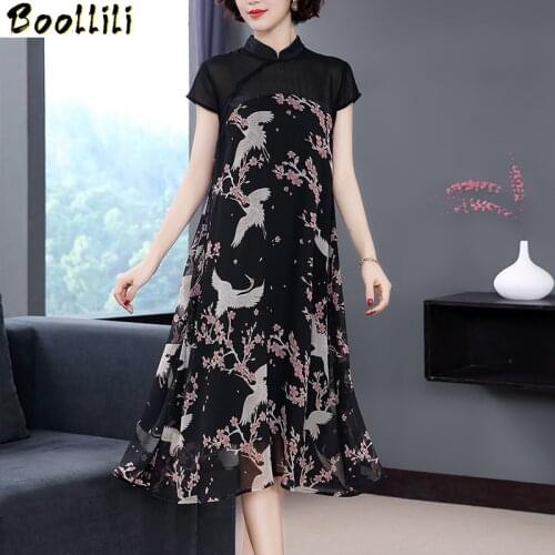 Boollili Party Dress Women Elegant Print Dress Vintage Floral Maxi Dresses Summer Loose Vestido Black Vestidos Verano