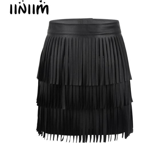 Iiniim Womens Femme Cocktail Skirt Leather High Waist Mini Skirts Layered Fringe Tassel Bodycon Night Party Clubwear Mini Skirt