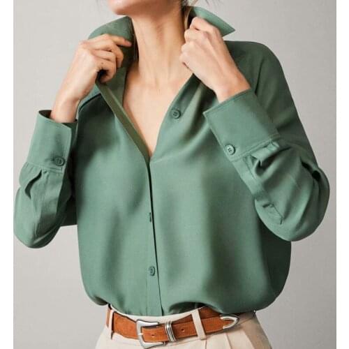 New Green Womens Shirt Za 2020 Autumn Fashion Lapel Long Sleeve Buttons Office Lady Shirt Chic Elegant Woman Blouse