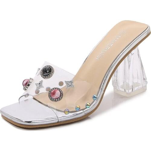 MAIERNISI Rhinestone Shoes Women Slippers Transparent Heels Ladies Sandals Sexy Summer Square Toe Slides Fashion Rivet Footwear