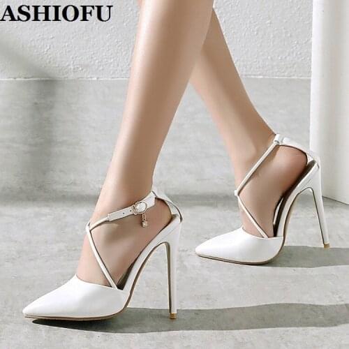 ASHIOFU Handmade Ladies 12cm Super Heels Pumps Cross Buckle Strap Party Dress Shoes Large Size Evening Fashion Daily Wear Shoes