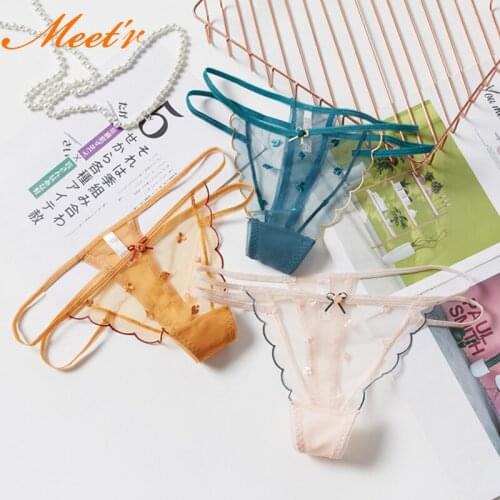 Women Sexy Lace Lingerie Temptation Low-waist Panties Embroidery Thong Meet'r Transparent Hollow out Flowers Underwear Intimates