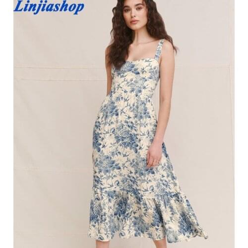 Summer Dresses Women Vintage Blue White Floral Print Dress Woman Sexy Spaghetti Strap Tie Chiffon Elegant Ruffle Midi Dress