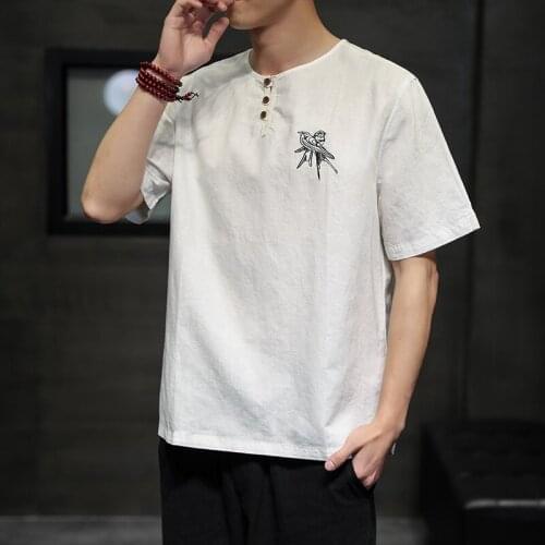 2021 Summer Chinese Style Orient Tang Embroidery Hanfu Men T-Shirt Black White Loose Cotton Linen Tshirt Han Fu Tops 30784