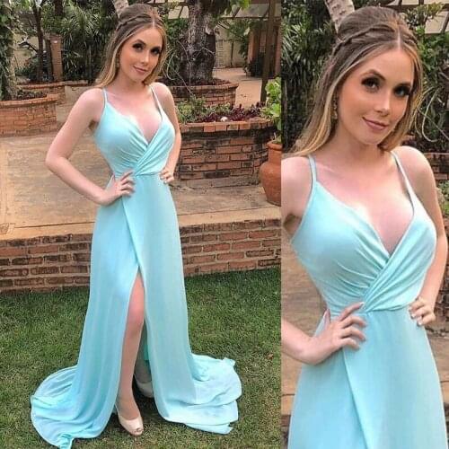 2021 New Design Simple Custom Made Mint V Neck High Slit Spaghetti Straps Chiffon Long Prom Dresses Gowns