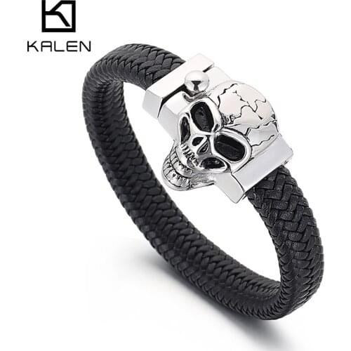 Kalen Punk Ghost Skull Leather Bracelets Polished Stainless Steel Bracelet For Mens Jewelry