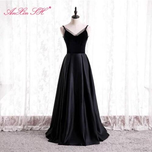 AnXin SH princess black satin evening dress vintage party spaghetti strap sleeveless zipper evening dress little black dress