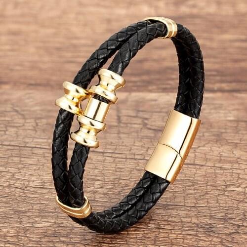 Double Leather Rope Dumbbell Shape Accessories Mens Bracelet Stainless Steel Leather Bracelet Jewelry For Valentine Day Gifts