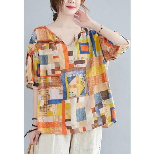 Oversized Women Cotton Linen Casual T-shirts New Arrival 2021 Summer Vintage Style V-neck Print Loose Female Tops Tees S3611