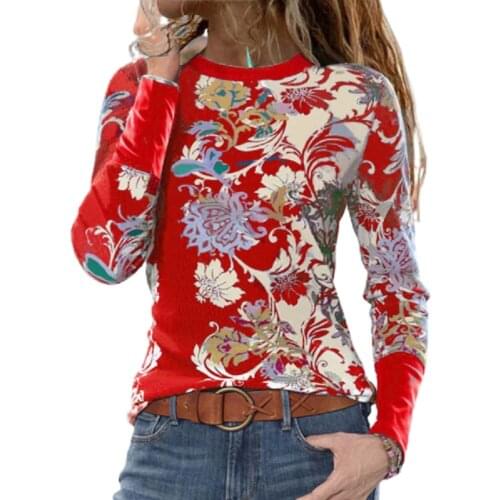5XL Plus Size Spring Women Long Sleeve T-Shirt Casual Boho Print Tee Pullover Red Tops Ladies Streetwear Shirt Women Clothes