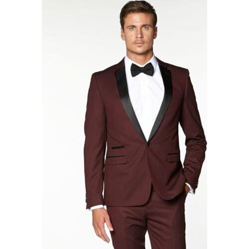 Groomsmen Notch Black Lapel Groom Tuxedos Burgundy/Wine Men Suits Wedding Best Man (Jacket+Pants+Tie+Hankerchief) B911