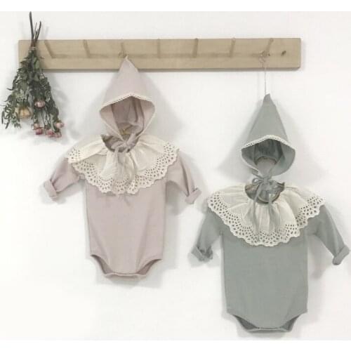 Lace collar romper baby girls princess long sleeve jumpsuit for newborn baby overalls clothes children outfits pajamas+hat