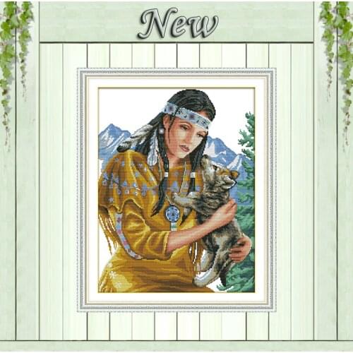 Beauty and wolf pup girl diy painting counted print on canvas needlework embroidery Sets DMC 11CT 14CT Cross Stitch kits Chinese