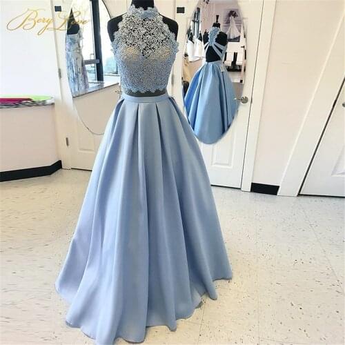 Hot Selling Blue 2 Piece Prom Dresses 2020 High Neck Halter Lace Bodice Satin Skirt Long Formal Dress Young Girl Party Gowns