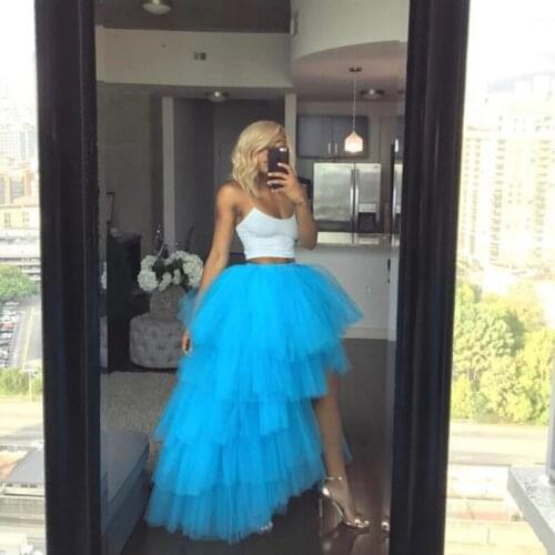 2020 Trendy Sky Blue High Low Tiered Tulle Skirts Chic Ruffle Asymmetrical Skirt Bridesmaid Tulle Skirt Custom Made