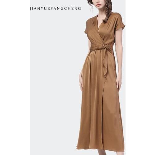 Fashion Brown Satin Maxi Dress Women Summer New Short Sleeve V-Neck Lace-Up Elegant Defined Waist A-Line Office Ladies Dresses