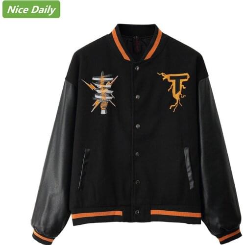 NiceDaily Autumn Winter Mens Jacket PU Leather Hip-Hop Embroidered Baseball Uniform High Street Loose Stitching Couple Jacket