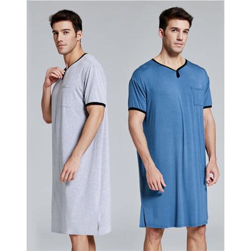 Men Sleep Robes Short Sleeve Solid Pajamas Pockets Cozy Cotton Vintage Homewear Nightgown Mens Bathrobes