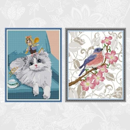 The Birds on Branches Printed on Canvas Cross Stitch Kits, DIY Embroidery Kitten Needlework Set, Send Accessory Tools As Gift