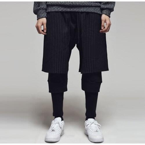 2016 mens new fashion Male personality culottes patchwork stripe cloth slim harem pants male trousers singer costumes clothing