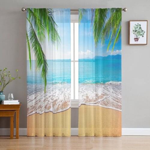 Sand Beach Waves Palm Trees Tulle Sheer Window Curtains for Living Room Bedroom Modern Tulle Voile Curtains Drapes Decoration