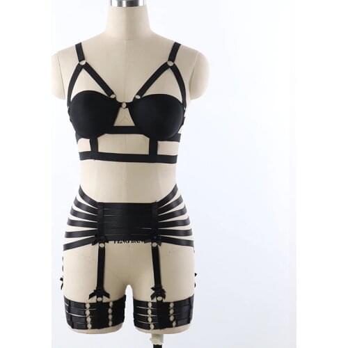 Black Elastic Body Harness BDSM BONDAGE High Waist Garter Belt Set Strap Lingerie Harajuku Punk Goth Fetish Halloween dance Wear