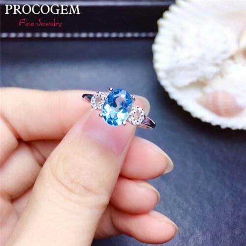 Procogem Trendy Natural Oval Blue Topaz Rings for Women Party gifts 6x8mm Genuine gemstone Fine jewelry 925 Sterling Silver #430