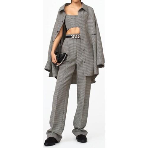 Houndstooth 9.28 2021 New Plaid Loose Shirt Jacket Coat Spaghetti Strap Camisole OR High Waist Draped Trousers Women Set