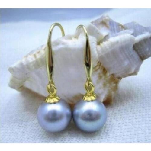 Gorgeous a pair 9-10mm AAA south sea round grey pearl dangle earring 14k free shipping