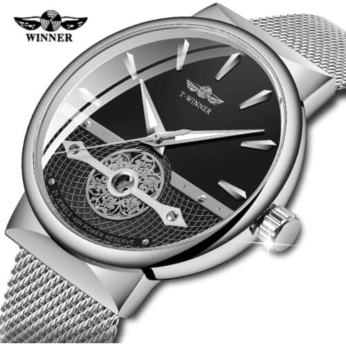Winner Automatic Mens Watches Silver Mesh Steel Band Self-Wind Mechanical Men Wristwatch Relogio Masculino