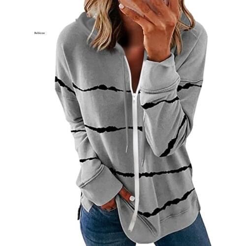 Womens Hoodie Striped Full Zipper Long Sleeve Lightweight Sweatshirts Spring Elegant Pullover Tee Tops