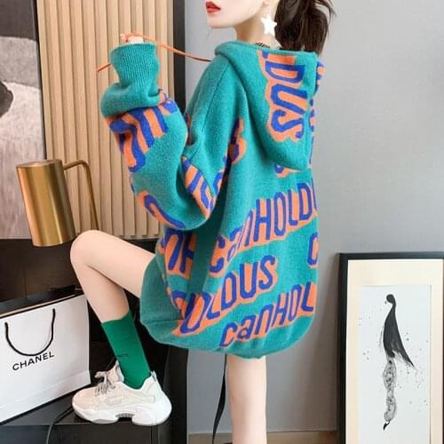 Pullover Hooded Lazy Style Womens New Style Sweater Women Autumn and Winter Korean Loose Letter Jacquard Hoodie