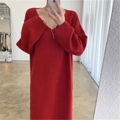 Womens Pink Long Sweaters Dress Fall Winter Minimalist New Casual V-neck Knit Dresses For Female Solid Color Knitted Dress