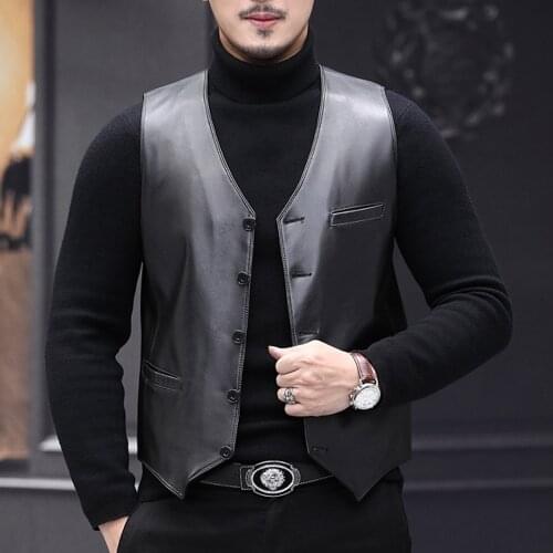Classic Men Genuine Leather Sheepskin V-neck Waistcoat Male Winter Warm Dress Vests Hommes Casual Sleeveless Formal Suit Gilet
