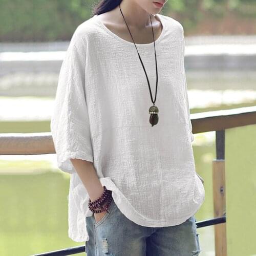 2021 T-Shirts Women Solid Color Cotton Blend Round Neck Three-Quarter Sleeve Summer Tops Tee mujer camisetas femme t-shirts New