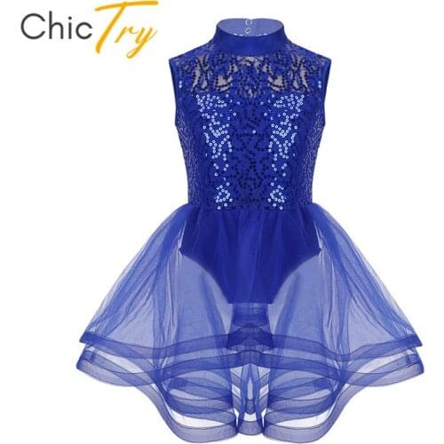 ChicTry Shiny Sequins Mesh Professional Ballet Tutu Figure Skating Dress Girls Gymnastics Leotard Kids Performance Dance Costume