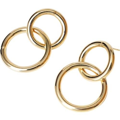 Shiny Gold Color Circle Statement Stud Earrings Party Women Girls Geometric Double Round Link Pendant Earrings Brinco