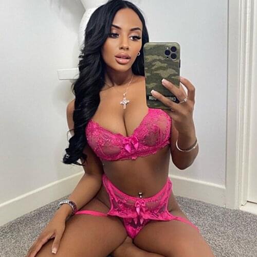 3 Pieces Set Floral Embroidery Sexy Sensual Lingerie Underwear Women Erotic Bow-Knot See-Through Bra and Thong Exotic Underwire