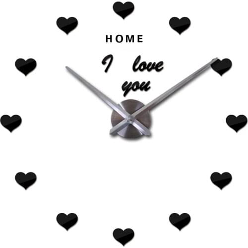 Love Hearts Large Wall Clock Mute Big Digital Clocks Acrylic Mirror 3D DIY Wall Sticker Oversize Hanging Clock Home Letter