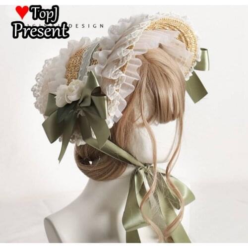 Lolita hat hand made by bonette multi color reminiscence BNT original design idyllic Lolita Bow Lace straw hat girl summer