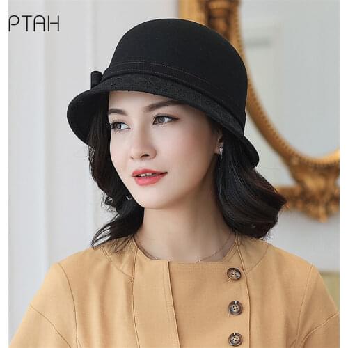 [PTAH] Fedora Hat For Women Temperament Elegant Church Autumn Winter 2021 New Womens Bow Lace Hat High Quality Wedding Top Hats